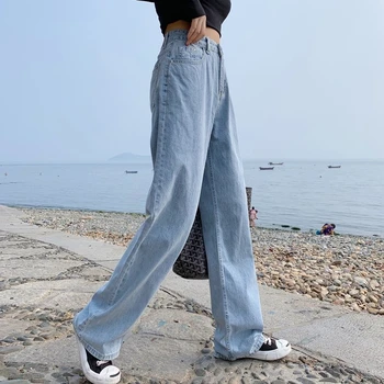 Džinsi Sievietēm ar Augstu vidukli, Plaša kāju Mopping Gadījuma Vienkārši korejiešu Stilā, Sieviešu Cietā Streetwear Vasaras Zaudēt Modes, Ikdienas, Vintage