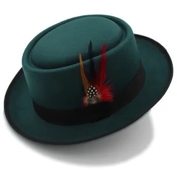 Modes Vīrieši Cūkgaļas Pīrāgs Cepuri Tētis Vilnas Dzīvoklis Fedora Cepuri Džentlmenis Spēlmanis Panama Trilby Cepuri Ar Modes Spalvu Izmērs 58CM