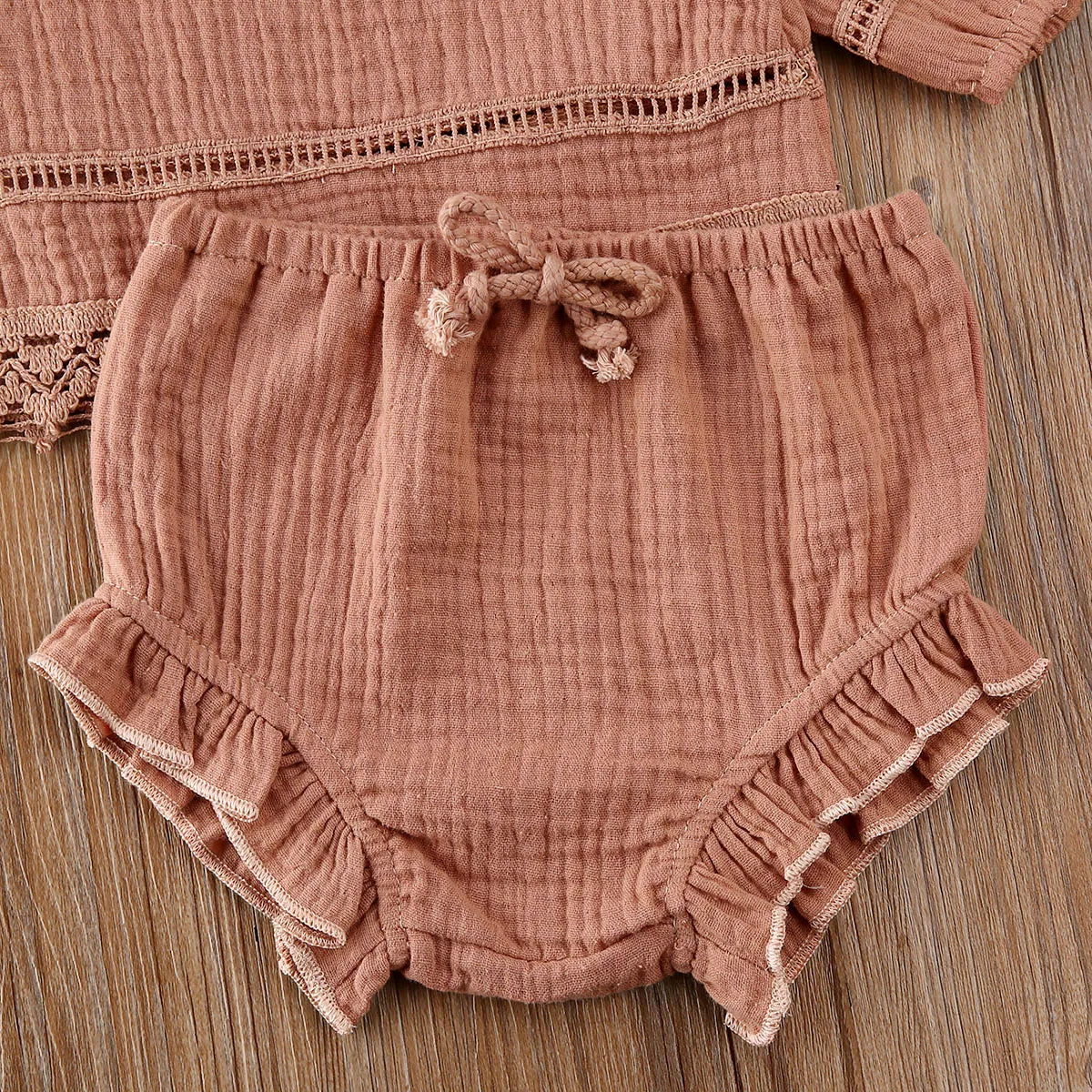 0-24M Jaundzimušā bērna Baby Meitenes Apģērbu Komplekts ar garām Piedurknēm ar Mežģīņu T krekli Ruffles Bloomer Bikses Apģērbs Vintage Bērnu Rudens Apģērbu