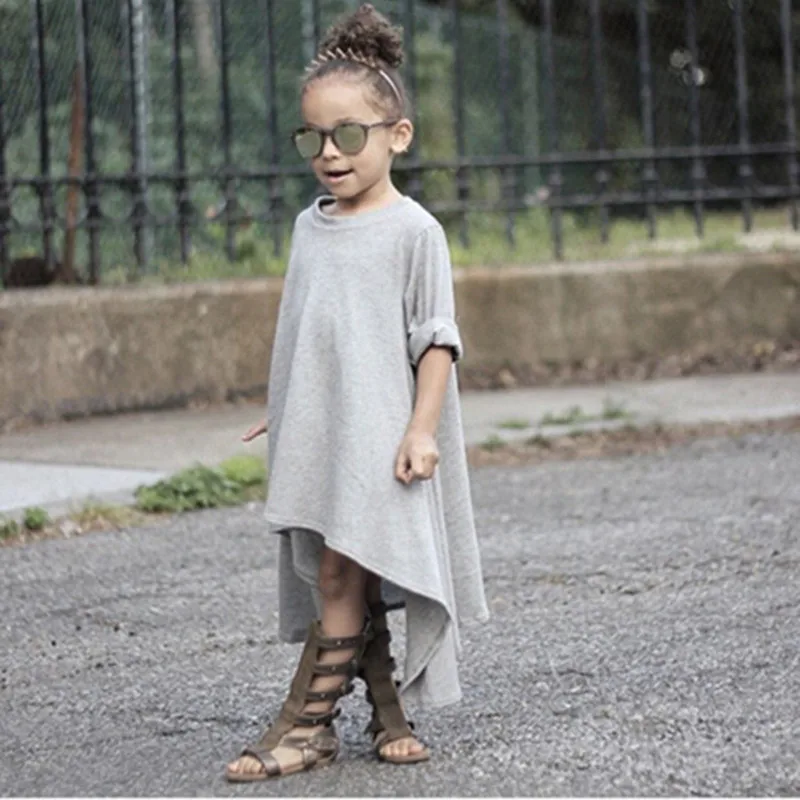 2019. gadā-Pavasarī Un Rudenī Meitenes Kleita Melnā Un Pelēkā Neregulāru Apakšmalu kleitas Bērnu Garas Piedurknes Cietā Kleitu Bērniem