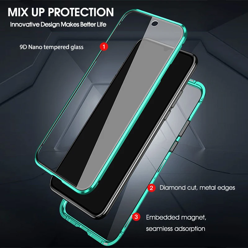 360 Magnētisko Double-sided Aizsargātu Case For Samsung S8 S9 S10 S20 Piezīme 8 9 10 20 A10 A50 A51 A71 A20 Rūdīta Stikla ar Metāla Vāciņu