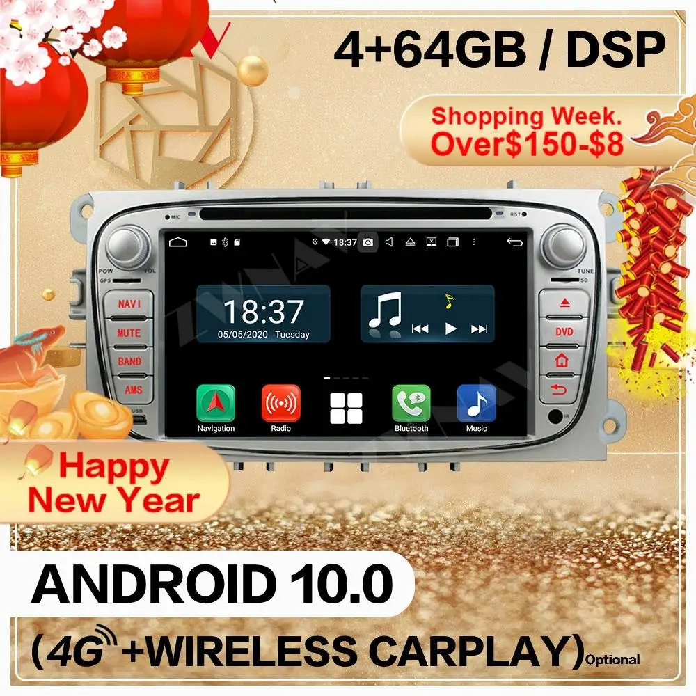4+128GB Carplay 2 Din FORD Focus S-MAX, Mondeo C-MAX, Galaxy Android 10.0 Auto Multimedia Audio Radio, GPS Navi Galvas Vienības Stereo
