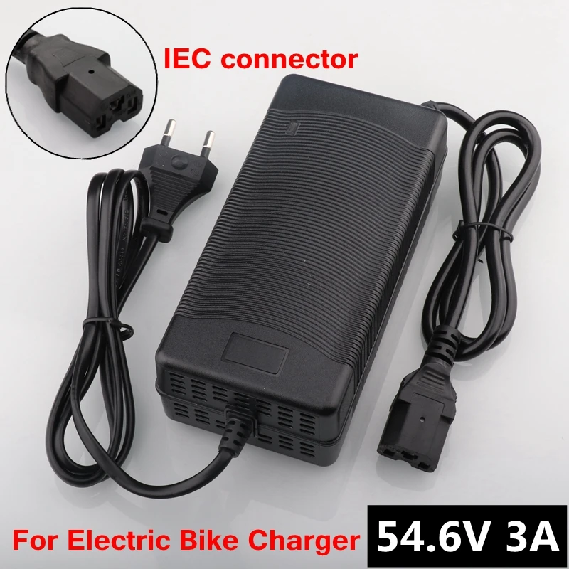 54.6 V 3A litija akumulators e-velosipēds, lādētāju 48V Li-ion Akumulatoru, elektrisko velosipēdu, Lādētāju, 3P Spraudnis IEC connector Ar ventilatoru