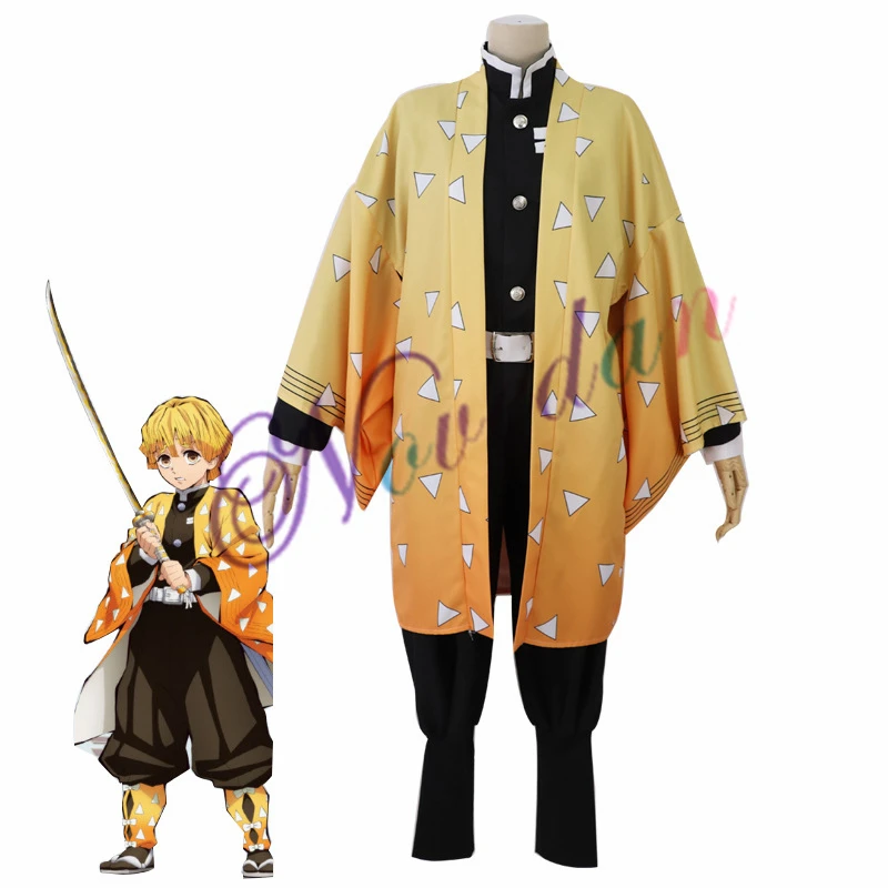 Anime Kimetsu nav Yaiba Cosplay Kostīmu Demon Slayer Agatsuma Zenitsu Cosplay Apģērbs Kimono Halloween Tērpu Pieaugušajiem Vīriešiem