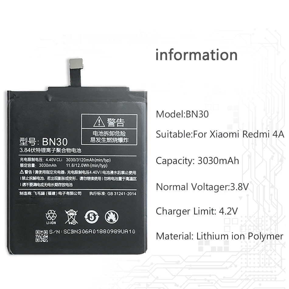 BN30 3030mAh Akumulatoru Xiaomi Redmi 4A Polimēru Uzlādējams Li-ion Akumulators