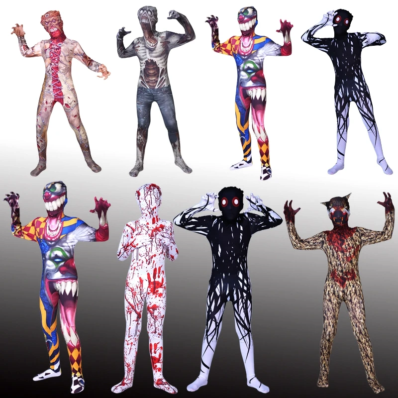 Bērniem Zēni Skelets Velna Kostīms Šausmu Biedējošu Zombie Halloween Kostīmu Cosplay Noslēpt Galvaskausa Jumpsuit Pilna Ķermeņa Zentai Uzvalks