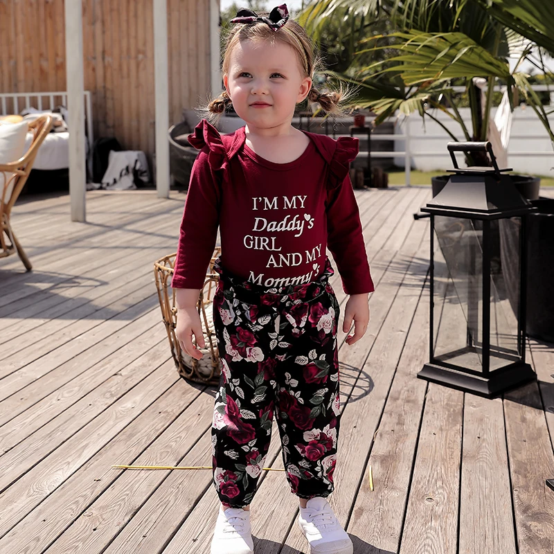 Bērnu Meitene Stilīgs Rudens Drēbes Karstā Pārdošanas Bezmaksas Piegāde Vēstuli Izdrukāt Garām Piedurknēm Romper Un Ziedu Bikses Galvu Diezgan Komplekti
