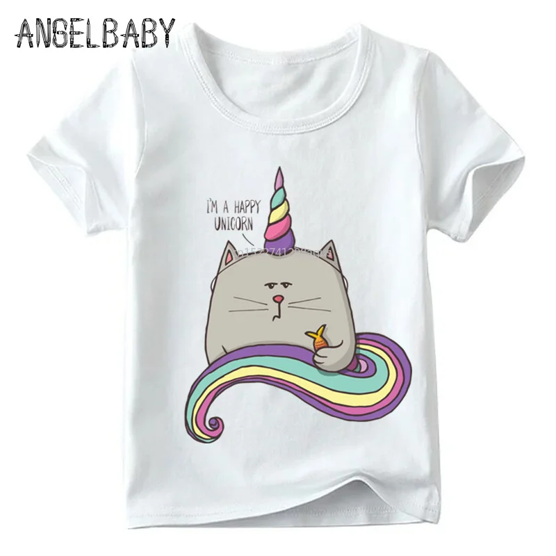 Bērnu Multfilmas Gudrs Kaķis Unicorn Drukāt Smieklīgu T kreklu Zēniem un Meitenēm Vasaras Harajuku Topi Mazulis Mīksts Balts T-krekls