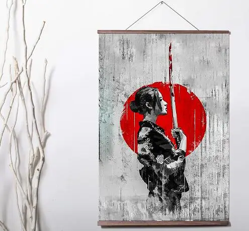 Daudz stila SAMURAJU ZOBENU JAPĀŅU Mākslas Audekls drukāt plakātu apdares krāsošana ar masīvkoka karājas ritiniet