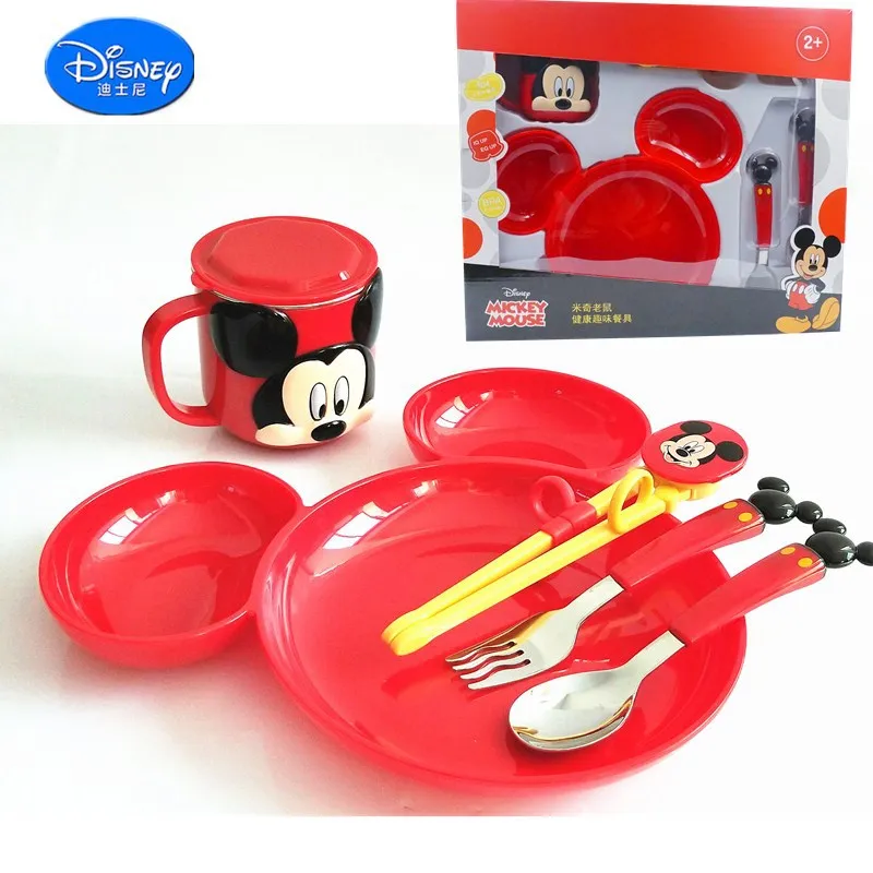 Disney Bērnu Dinnerware Uzstādīt Autonoma Galda piederumi, Bļoda mazuļu Barošanas Komplekts Mickey Minnie Piena Kausa Irbulīši Karote, Dakša Komplekts