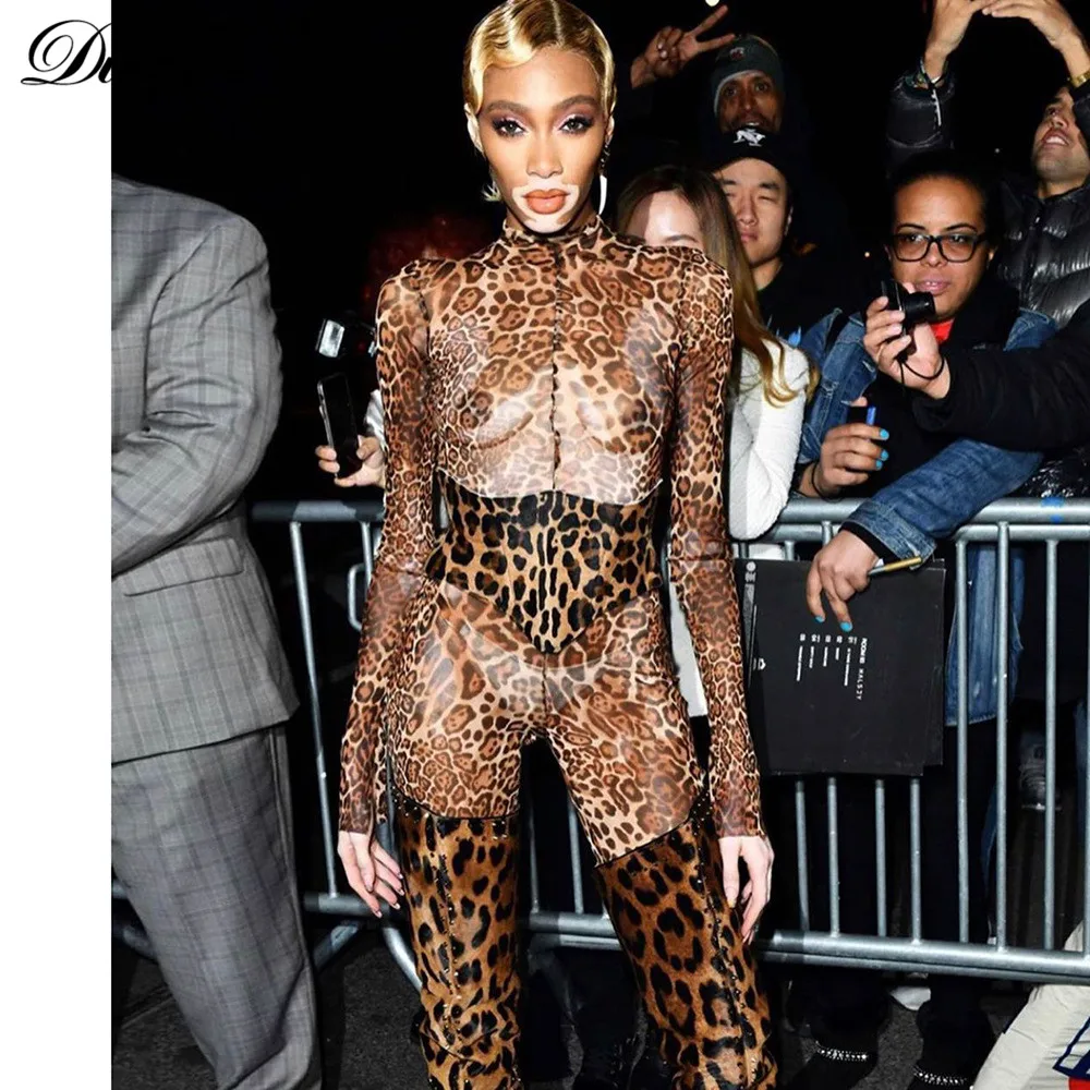 Dulzura skatīt, izmantojot pārredzamas leopards drukāt sexy sievietes 2019 ziemas acs ilgi jumpsuit festivāls ķermeņa apģērbs, apģērbu puse