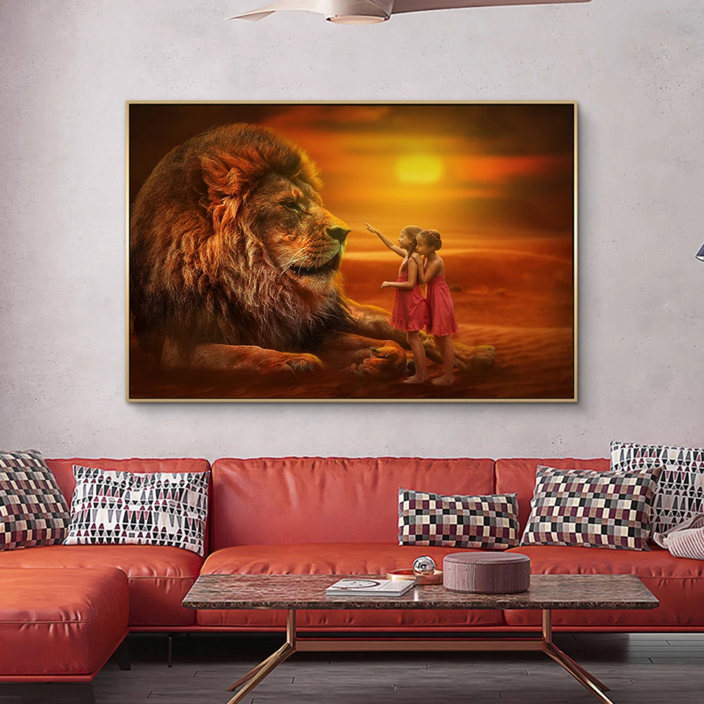 Dvīņi Ar Lauvas Āfrikas Mākslas Audekla, Gleznas pie Sienas, Mākslas Plakāti Un Izdrukas Āfrikas Ainavas Art Pictures Mājas Sienas Dekori