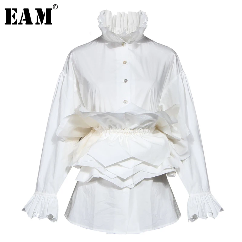 [EAM] Sievietes Baltā Ruffles Sadalīt Blūze Jauno Stand Apkakli, garām Piedurknēm Loose Fit Krekls Modes Jūra Pavasara Rudens ir 2021. 1N882