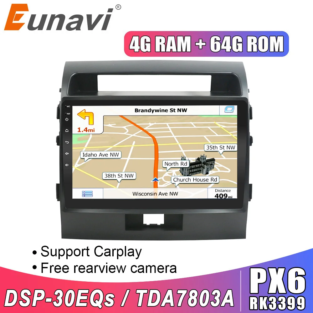 Eunavi 2 din Android 10 Automašīnas radio stereo GPS Toyota Land Cruiser LC200 200 2007-Dubultā 2din Headunit TDA7851 subwoofer