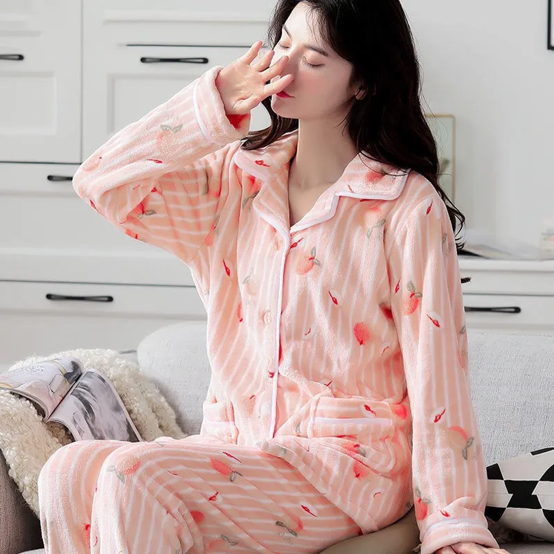 Flaneļa Sieviešu Pidžamas Komplekti, Ziemā Silts Homewear 2020. Gadam, Modes naktskrekli Plus Lieluma Gadījuma Sieviešu Kārtas-Apkakle Pidžamas