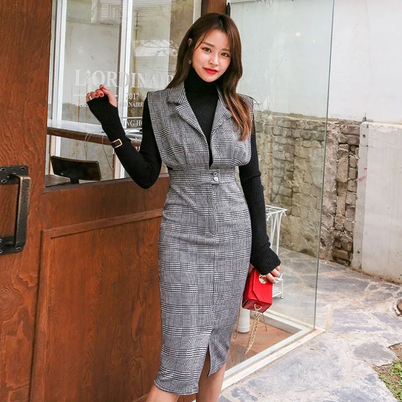 Foamlina Elegants Sieviešu Bodycon Kleita, 2 gab. Komplekts korejiešu Stilā, Melns Džemperis Džemperis + Iegriezumu Apkakles, Piedurknēm Zīmulis Kleita