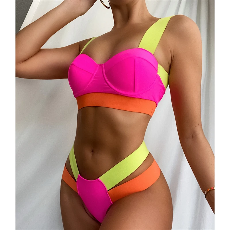 GNIM Augsta Vidukļa Raibs Peldkostīmi Sieviešu Push Up Bikini Komplekts Ir 2021. Jaunas Ielidošanas Peldkostīmu 2 Gabali Peldēšanas Tērps Sievietēm Biquinis