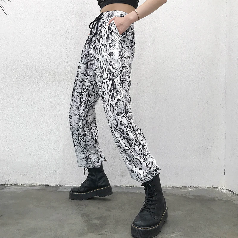 HEYounGIRL Dzīvnieku Čūska Drukāt Melna Balta Joggers Sieviešu Ikdienas Augstās Jostasvietas Bikses Kapri Harajuku Bikses Dāmas Kabatas Streetwear