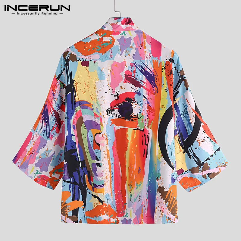 INCERUN Modes Vīrieši Vintage Kimono Japāņu Stila Iespiesti Yukata Pusi Piedurknēm Virsdrēbes Zaudēt Blūze Jaka Vīriešu Apģērbu, S-3XL