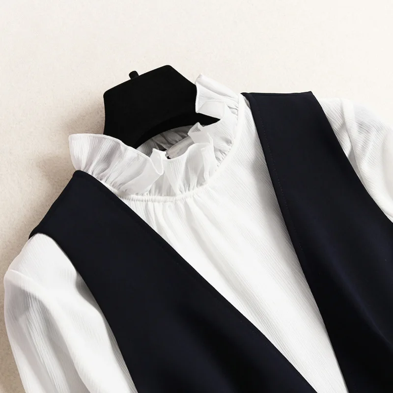 Jaunajā 2020. gada pavasara kleita ar V-veida kakla tumši zils, elegants birojs kleitas + ruffles apkakles izlīdzināšanu piedurknes balta blūze elegants divu gabals, kas