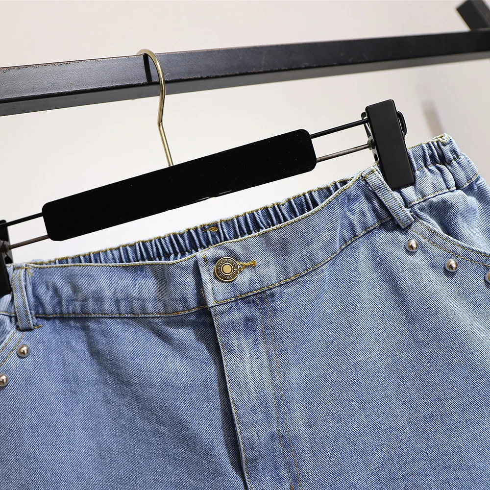 Jaunu 2021. gada vasarā plus lieluma džinsa bikses, sievietēm, lieliem zaudēt gadījuma elastīgs viduklis kniežu blue hole džinsu bikses 4XL 5XL 6XL 7XL