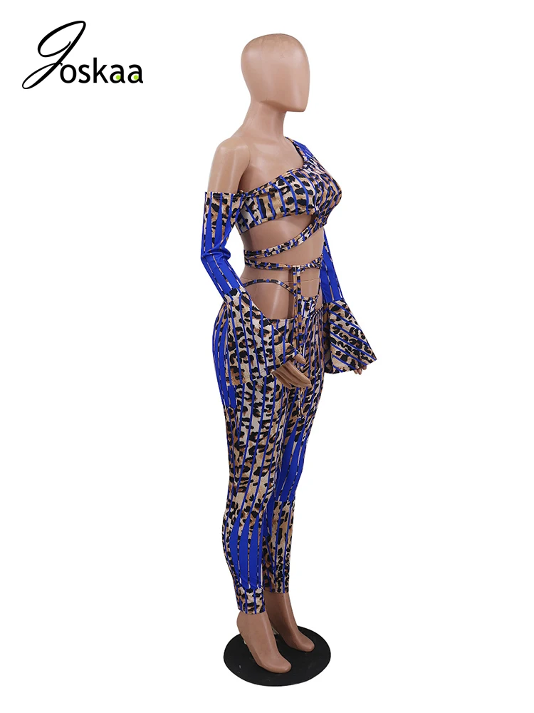 Joskaa Leopards izdrukāt Sexy 2 Gabals Komplekti viena pleca, Sieviešu Klubs Tērpiem Izlīdzināšanu Piedurknēm Kultūru Tops un Bikses izgriezums atbilstības Komplekti