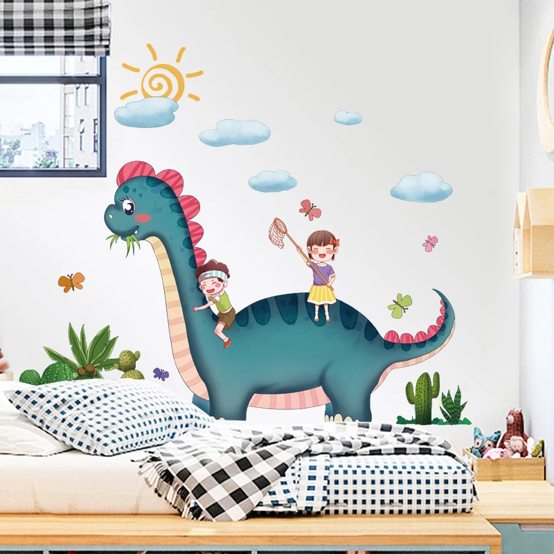 Karikatūra dinozauru bērni spēlē sienas uzlīmes, radošā istaba bērniem dekorēšana guļamistaba uzlīmes bērna pašlīmējošas mājas dekoru