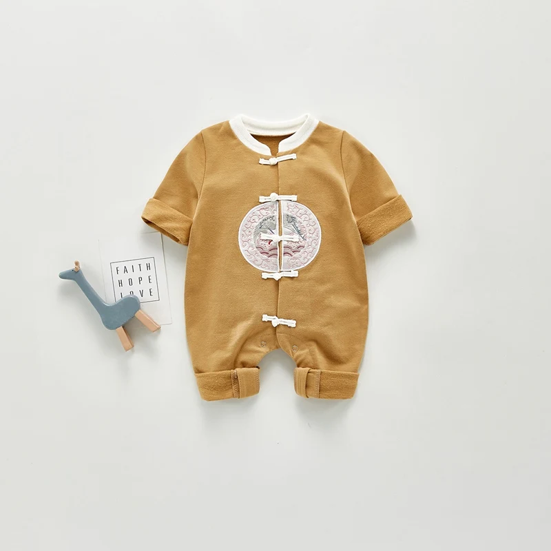 Kokvilnas Jaundzimušā Bērna Baby Boy Meitene Romper Garām Piedurknēm Kokvilnas Jumpsuit Tradicionālā Ķīniešu Stila Apģērbu Bebes Infantil Tērpiem