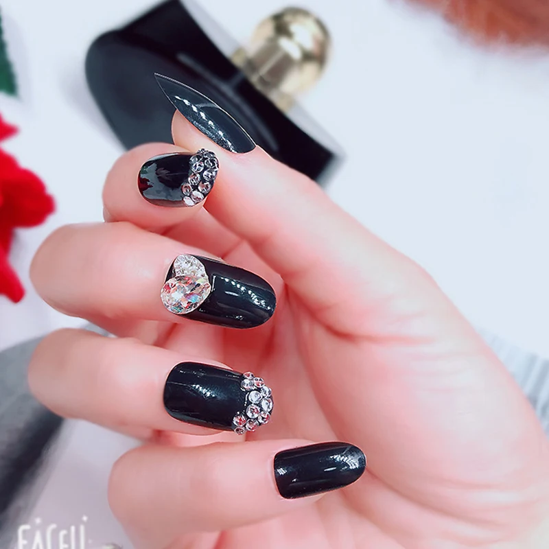 Korejas Modes Izsmalcinātu Diamante Mīlestību Sirdī nospiediet uz nagiem 3D DIY Nagu Rotājumi, Spīdīgu Melnu Kārtu viltus nagus ar līmi