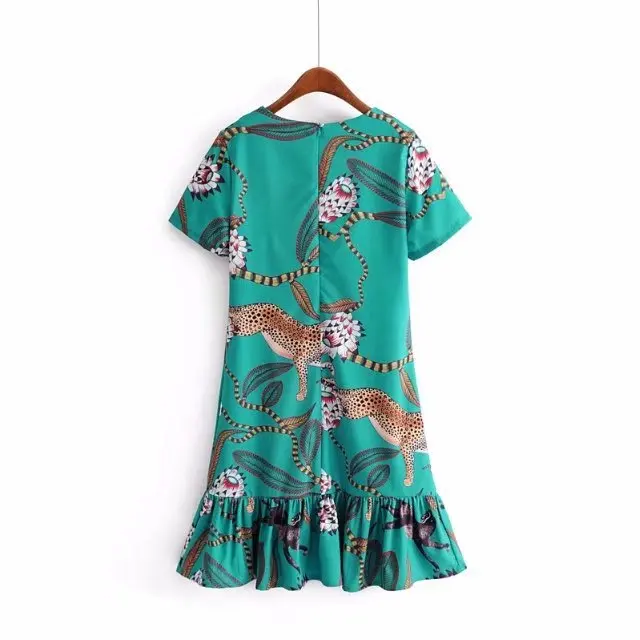 Lanbaiyijia Jaunākās Sieviešu Kleita ar Īsām piedurknēm kleitas Sievietēm Ziedi Dzīvnieku print kleita Vasaras augsta vidukļa zemāku hem Ruffles kleita