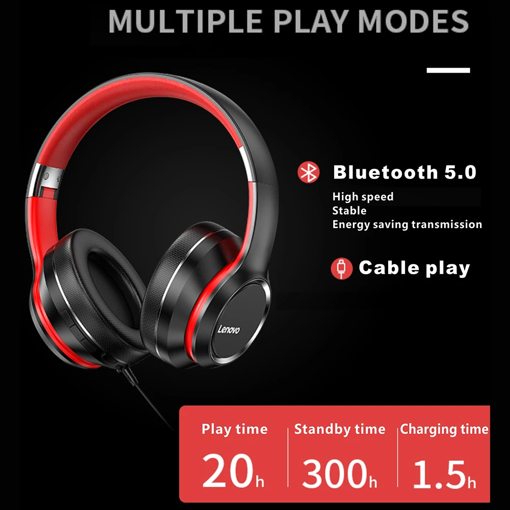 Lenovo HD200 Bluetooth 5.0 Austiņas Bezvadu Salokāms Subwoofer Sporta Darbojas Stereo Gaming Austiņas Ar Trokšņu Slāpēšanas