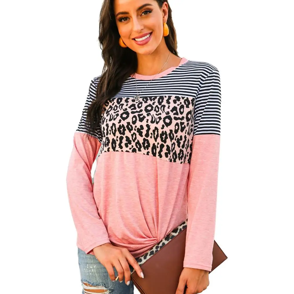 Leopard Print T Krekls Sievietēm Gadījuma Svītrains Kokvilnas Garām Piedurknēm T-Krekli Mezgloti Hem Krāsu Saskaņošanas Topi Tee 