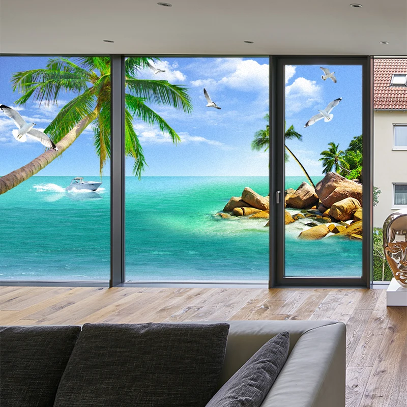 Logu stikls, uzlīmes, custom pludmales ainavu glezniecība dekoratīvās matēta plēves, vannas istabā, guļamistabā, birojā bīdāmās durvis