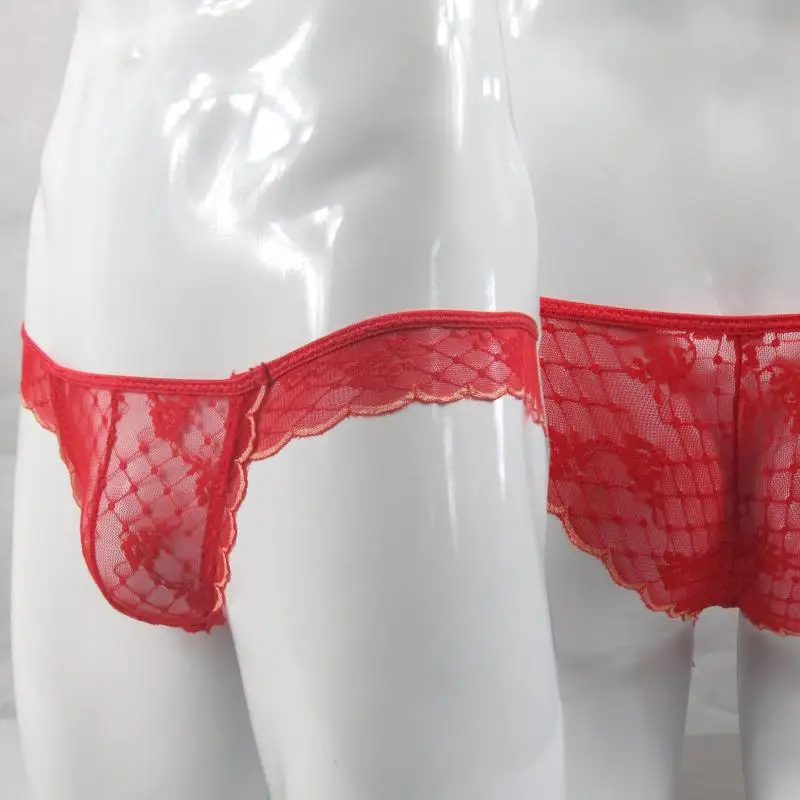 Modes seksīgas biksītes, mežģīņu mens maisiņš bikini ar zemu jostas biksītes c-thru sarkana