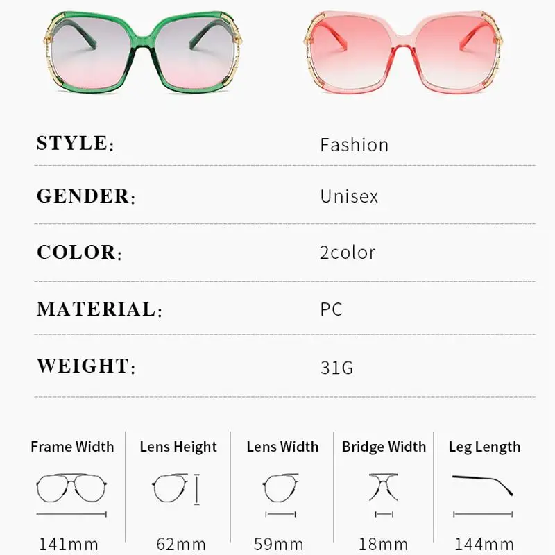 Modes Sievietes Lielgabarīta Saulesbrilles Luksusa Zīmolu Liels Rāmis Kvadrātveida Saules Brilles Sieviešu Slīpums Eyeware Rozā, Zaļā Gafas UV400