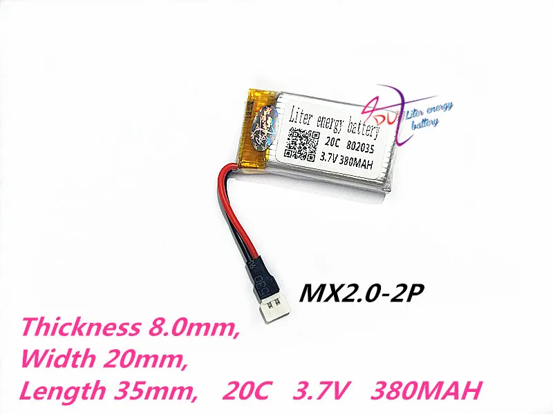 MX2.0-2P 802035 3,7 V 380MAH jaudas litija polimēru baterija 802035 uzlādējams akumulators helikopteru BEZPILOTA lidaparātu akumulators