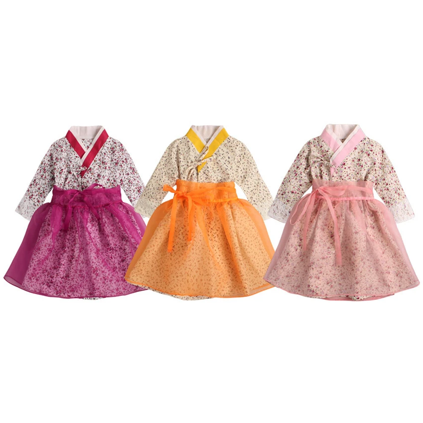 New Baby Meitenes Tradicionālās Korejiešu Hanbok Modes Stila Kokvilnas Kleita Ar Garām Piedurknēm Druka 1-6 Gadus Vecs Bērns Āzijas Apģērbu