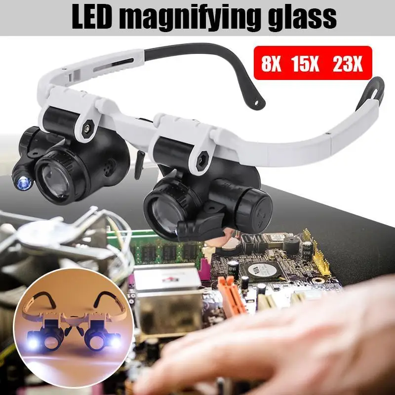 Palielināmā Stikla Brilles, Lupas Lupa Brilles ar LED Apgaismojumu Skatīties Remonts 8x 23X Dual Eye Rotaslietas Lupa Objektīva Galvas stīpa