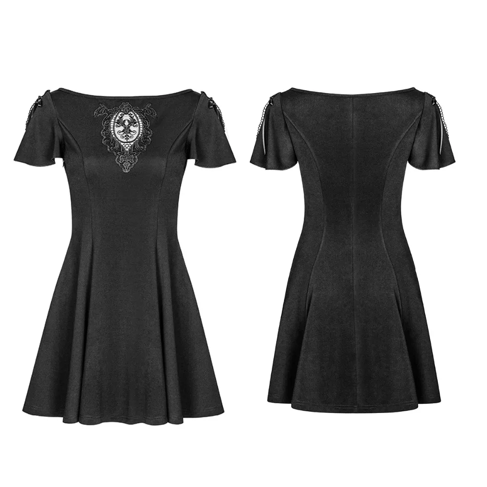 PUNK RAVE Gothic Dienas Black Pils-Line Īsām Piedurknēm Vintage Mini Kleita ar Izšuvumiem Puse Sexy Club Kleitas, Sieviešu Apģērbi