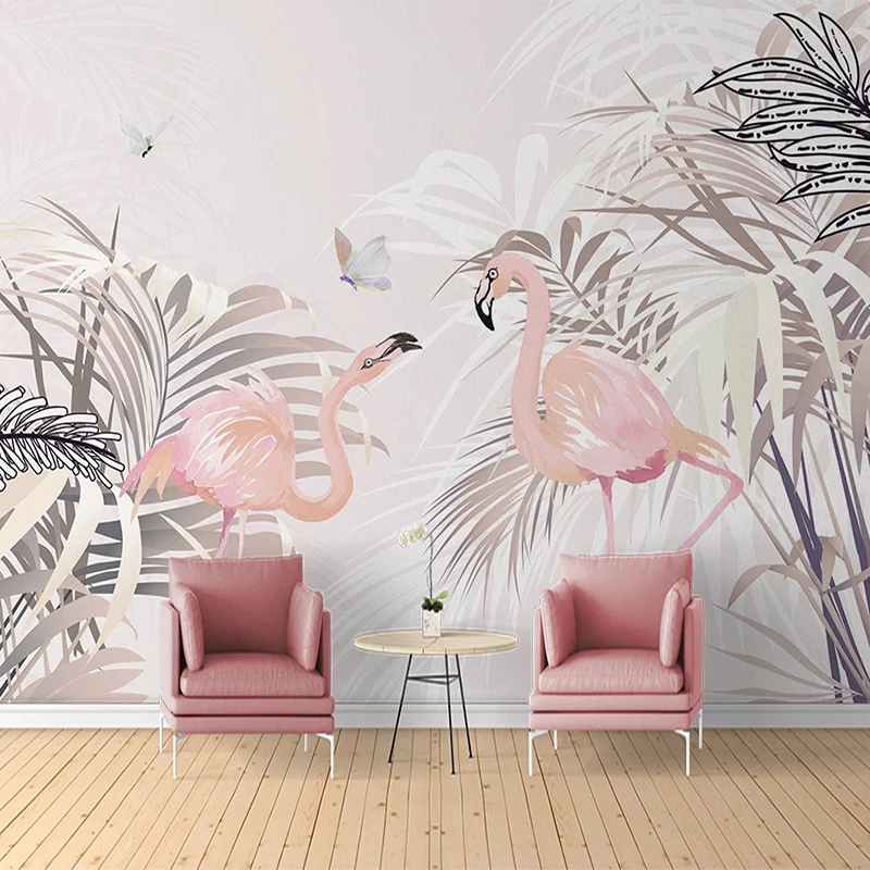 Roku Krāsotas Rozā Lapu Flamingo Foto Sienas Pielāgotas 3D Tapetes Bērnu Istabas Meitenes Guļamistaba, Dzīvojamā Istaba, TV Fona Sienas Dekori