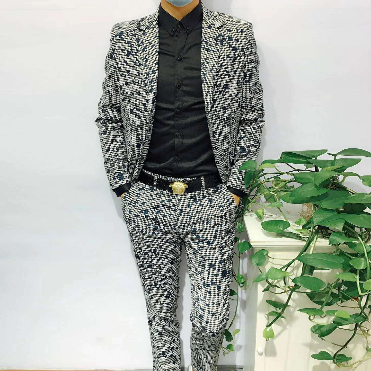 Rudens Jaunās Modes Melnā Un Baltā Žakarda Slim Uzvalks Uzstādīt korejas Vīriešu Uzvalku 2-gabals Vīriešu Uzvalks, Luksusa Augstas Kvalitātes Vīriešu Uzvalks, Žakete