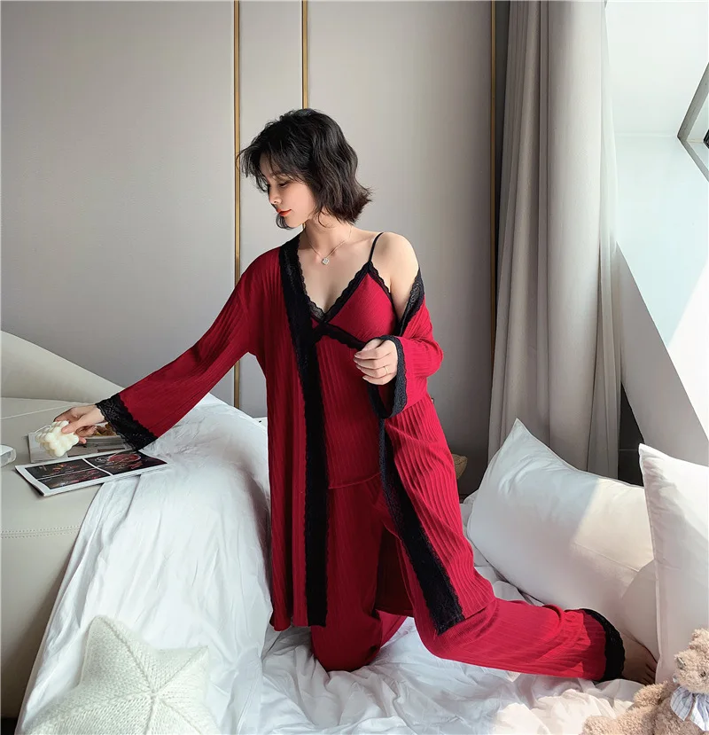 Rudens Ziemas 2019 Sievietes Kokvilnas Pidžamas Komplekti 3 Gabali Mežģīnes Pidžamas Sleepwear Elegants Mežģīņu Naktsveļu Pijama Homewear