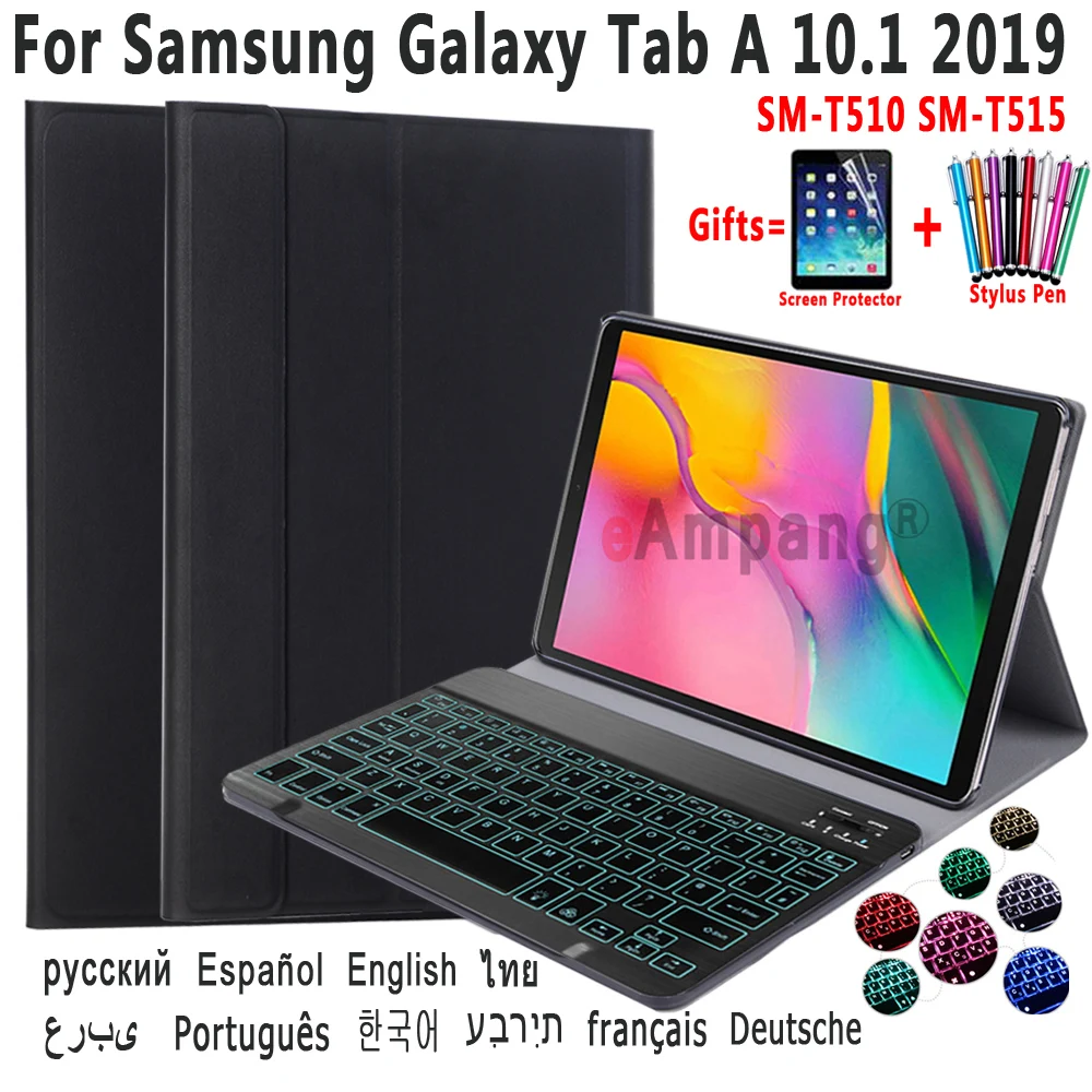 Samsung Galaxy Tab 10.1 2019 T510 T515 Gadījumā Tastatūra ar Aizmugurgaismojumu 7 Krāsas, Gaismas, Noņemams Bluetooth Ādas Vāks Apvalks