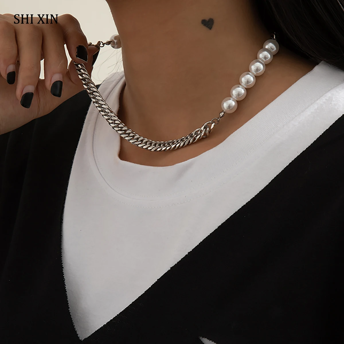 SHIXIN Nerūsējošā Tērauda Ķēdes Ar Perlamutra Pērles Kaklarota uz Kakla Modes Īss sānslīdi kaklasaite Kaklarotas Sievietēm Ir 2021. Apkakles Collier