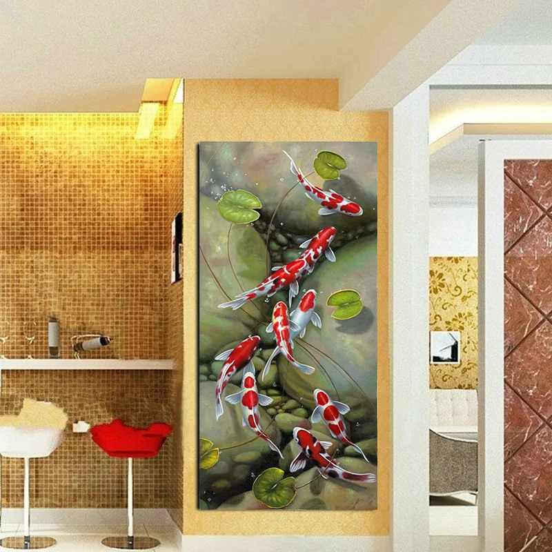 Sienas Mākslas HD Attēlu Drukas Ķīniešu stilā Deviņas Sarkanās Koi Zivju Ainavas Eļļas Glezna uz Audekla Plakāts Dzīvojamā Istaba Moderni Dekori