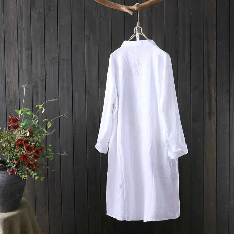 Sievietes Balts Kokvilnas Krekls Ar Garām Piedurknēm Izšuvumi Blūze Stand Apkakli 2020 