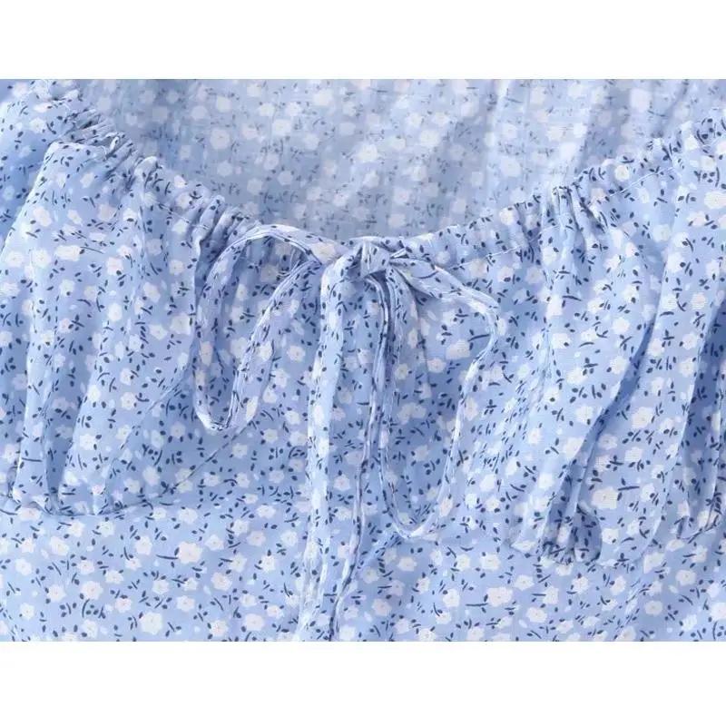Sieviešu blūze ir 2021. šifona blūzes vintage savirmot dāmas topi streetwear puff piedurknēm augšu elegants ziedu svārki korejas drēbes zila