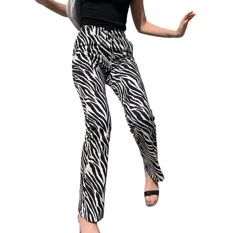 Sieviešu Plaša Kāju Bikses Zebra Leopards Izdrukāt Pilna Garuma Kokvilnas Maisījums Pogu Lidot Augstu Vidukli, Elegants Modes Ilgi Plaša Kāju Bikses