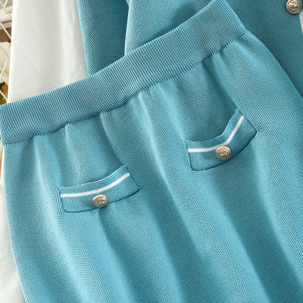 Sieviešu polo apkakli, trikotāžas tops ar augstu vidukļa puse garuma svārki rudens divdaļīga jūra Džemperis + Elastīga vidukļa svārki Salds 2gab Uzvalks