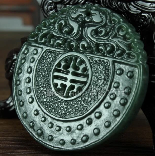 Skaisti Handwork Dabas Tumši Zaļa HeTian Jade Cirsts Ķīnas Double Dragon Laimīgs Amuletu Kulons + Bezmaksas Kaklarotu, Smalkas Rotaslietas